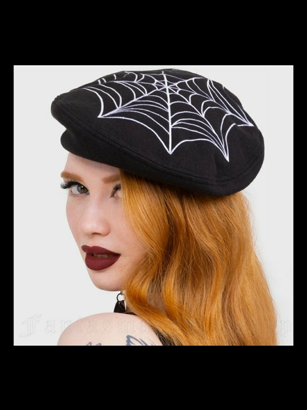 Killstar Black Newsboy Cap with White Spiderweb Embroidery